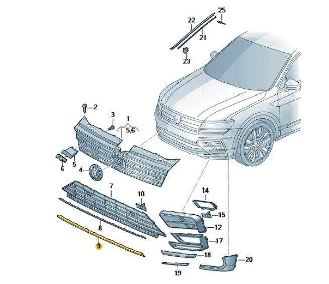 Ornament bara protectie, spoiler Volkswagen Tiguan, 05.2016-12.2020, model: R-line, montare fata, centrala, RapidAuto