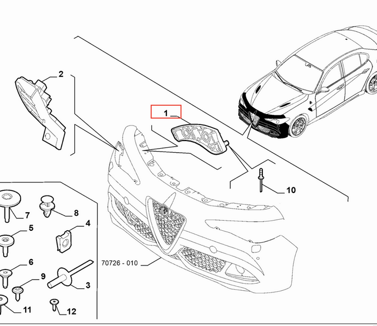 Suport bara protectie, spoiler Alfa Romeo Giulia, 09.2016-, montare fata, stanga, OE