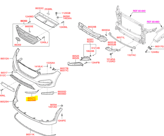 Ornament bara protectie, spoiler Hyundai Tucson (Tl), 09.2015-06.2018, montare fata, dreapta, inferior, OEM/OES