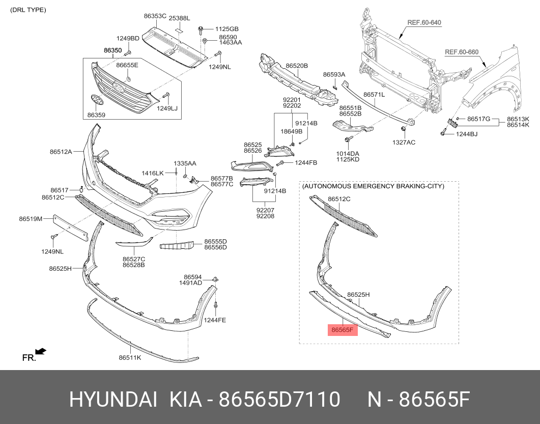 Ornament bara protectie, spoiler Hyundai Tucson (Tl), 09.2015-06.2018, montare fata, cromat, OEM/OES