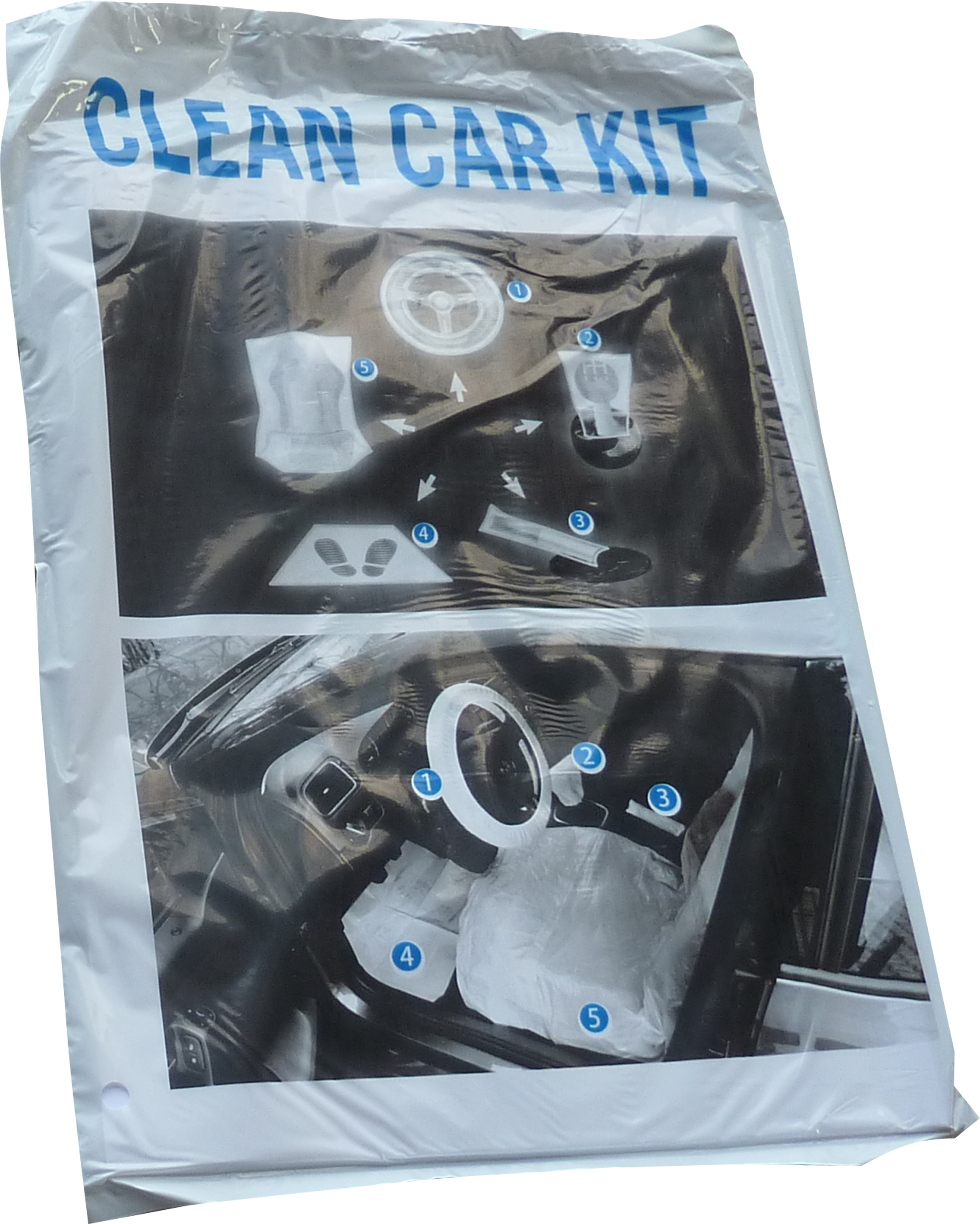 Protectie masina interior din 5 piese, plastic, (husa volan, frana de mana, schimbator viteze, scaun sofer si covoras podea)