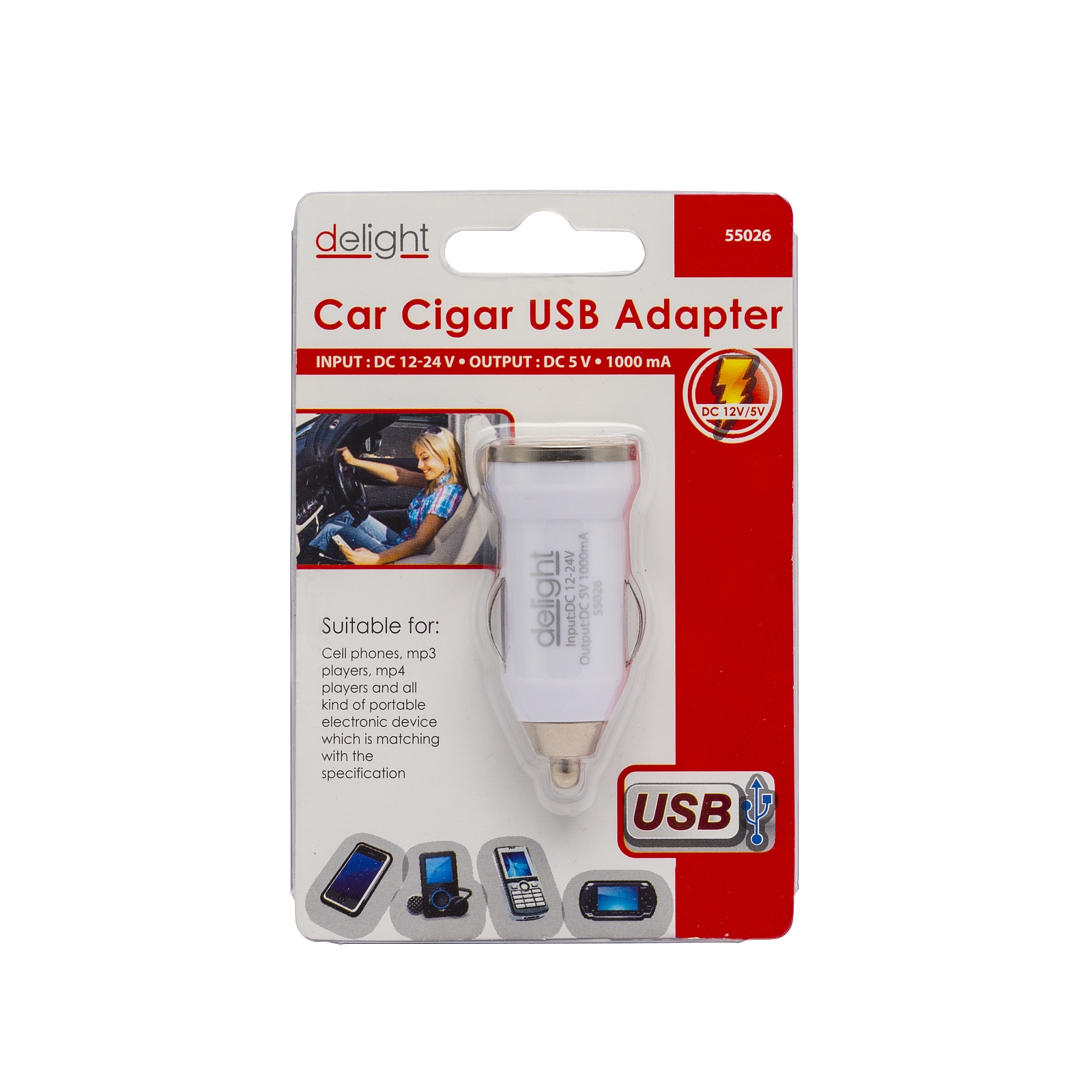Incarcator auto Delight pentru USB de la priza auto 12V/24V, tensiune iesire 5V DC cu 1 iesire de 1000 mA, culoare alb