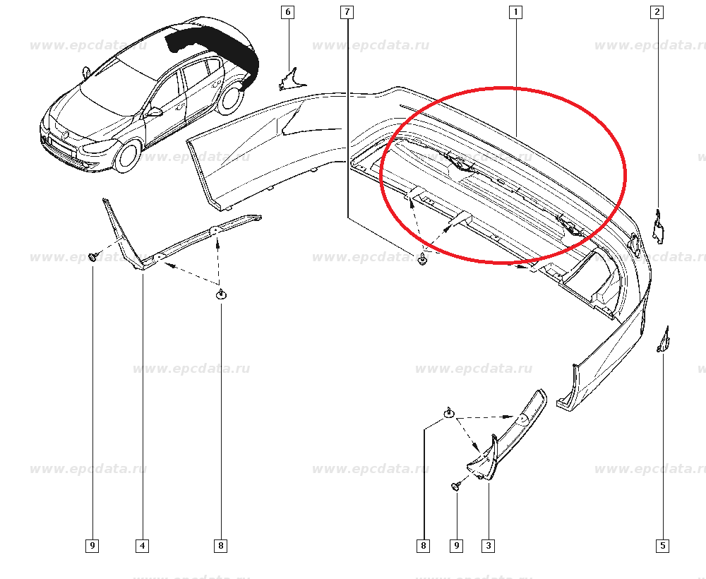 Bara spate Renault Fluence , cu gauri pentru senzori parcare, spoiler spate Original 960304463R