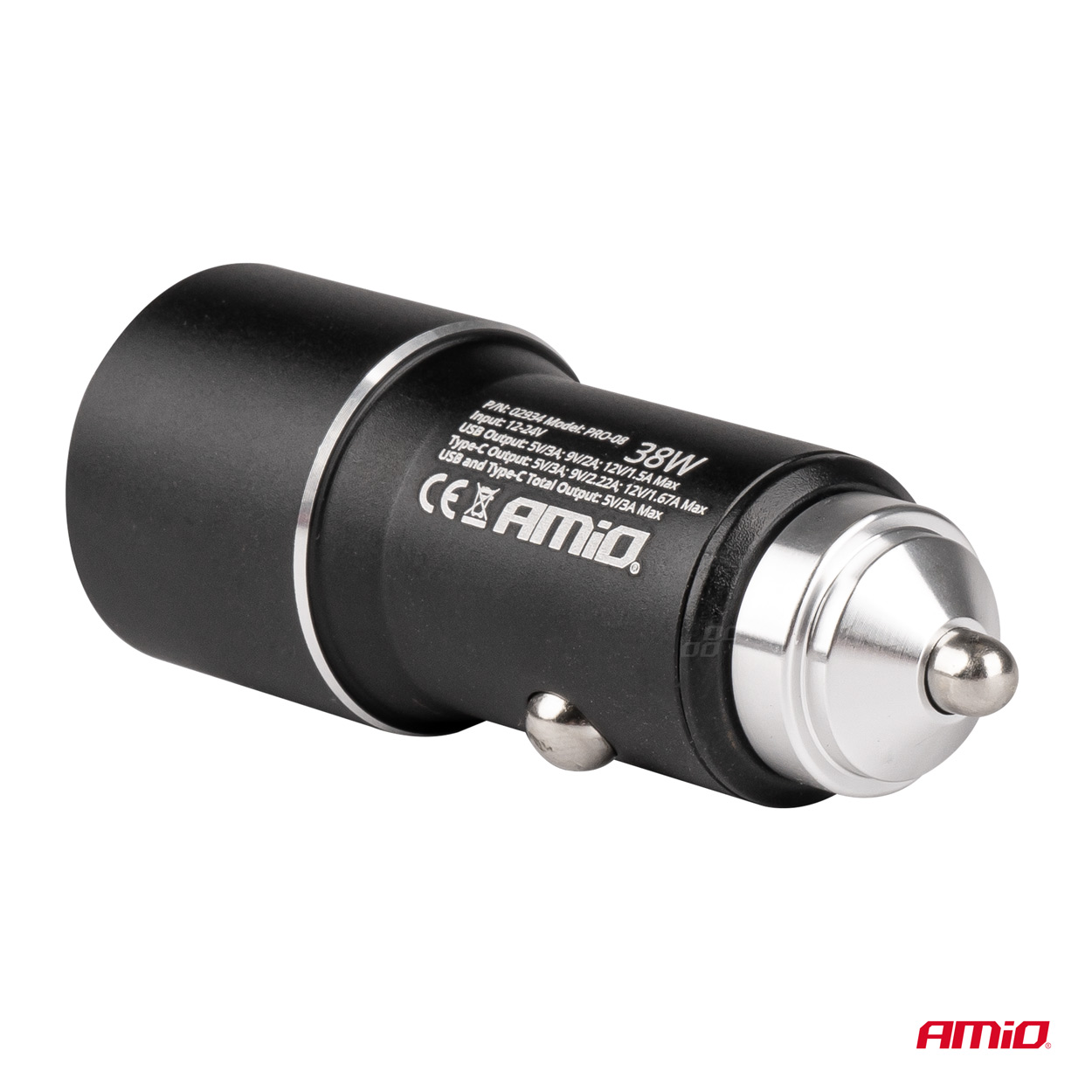 Incarcator auto din aluminiu PCH PRO-08 USB-C+USB 38W Incarcare rapida 12/24V, AMIO, 1 buc