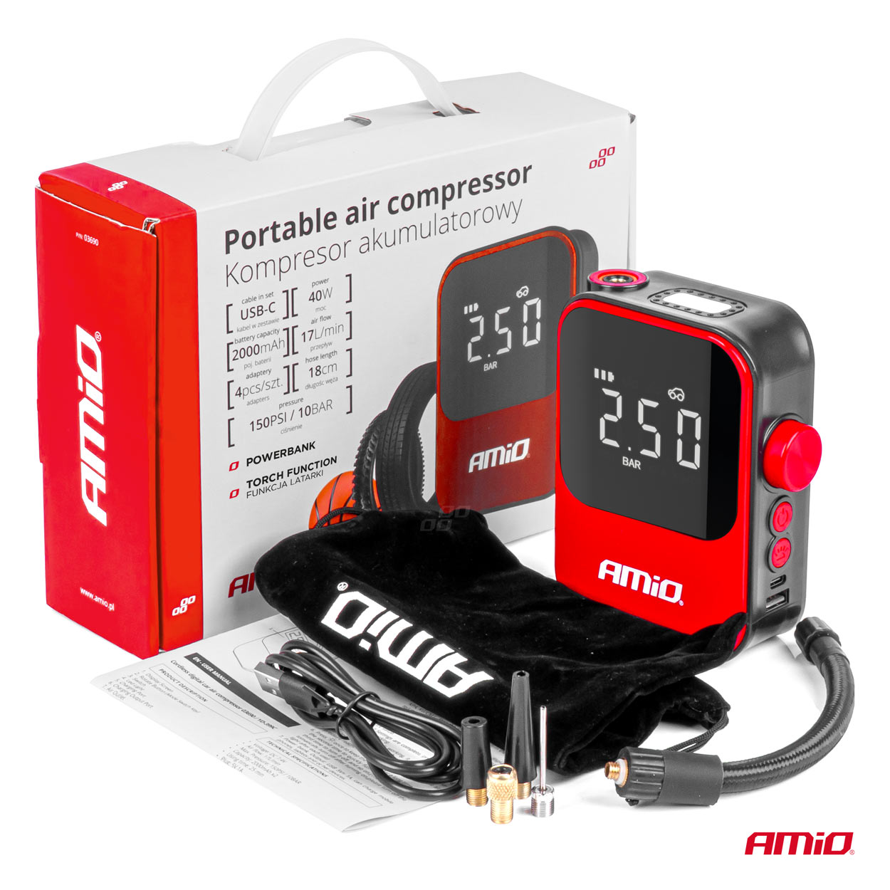 Compresor de aer fara fir, 10bar / 150PSI, 40W, AMIO, 1 buc