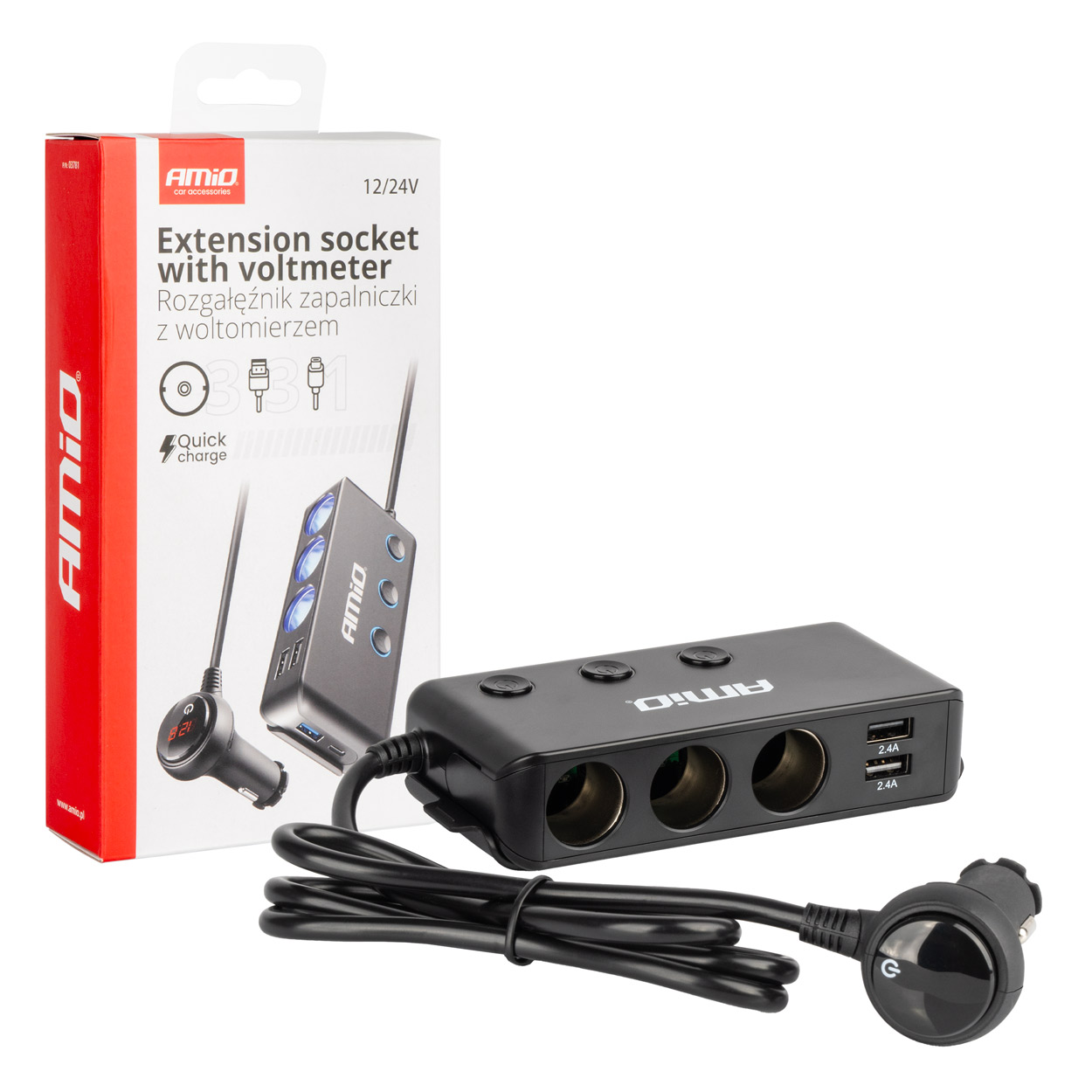 Triplu stecher bricheta, priza cu prelungitor, cu volmetru 12V USB 2.0, USB C