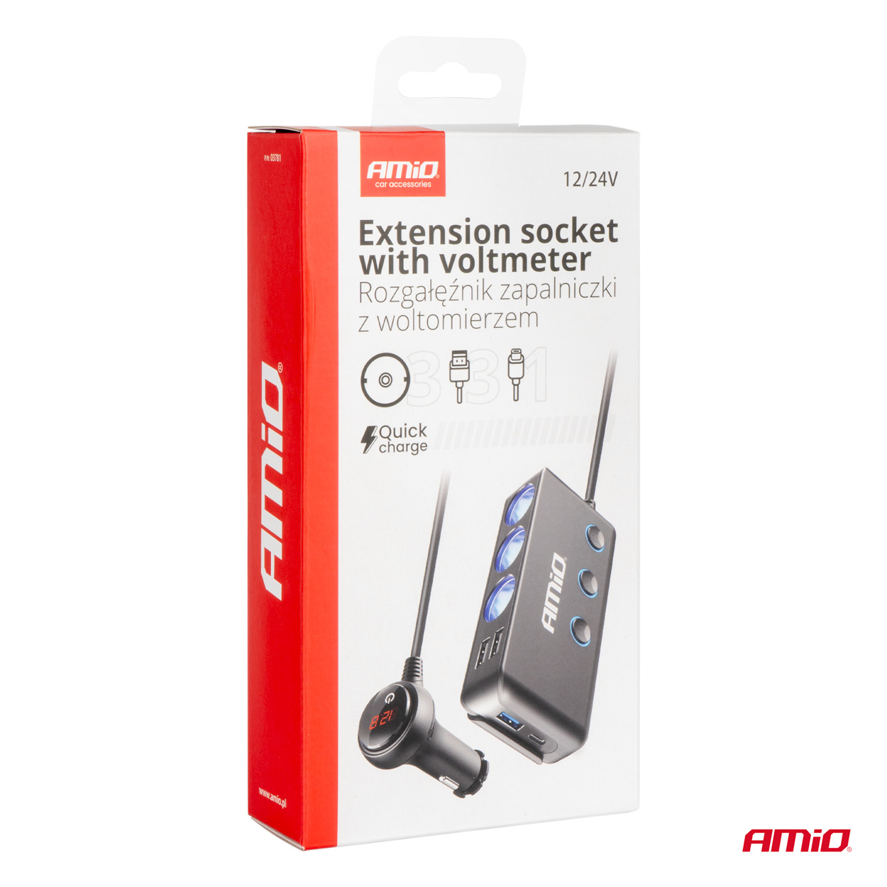 Triplu stecher bricheta, priza cu prelungitor, cu volmetru 12V USB 2.0, USB C
