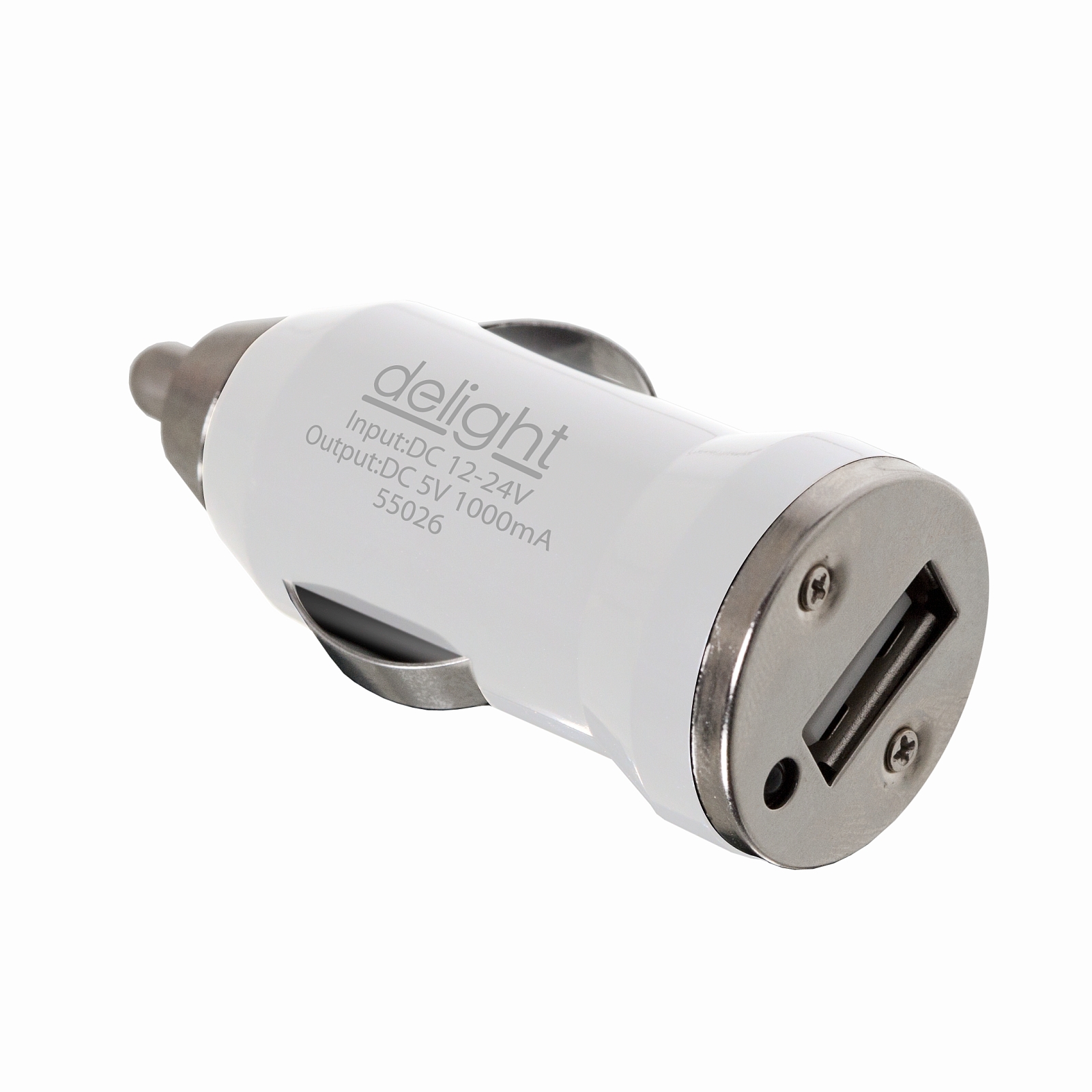 Incarcator auto Delight pentru USB de la priza auto 12V/24V, tensiune iesire 5V DC cu 1 iesire de 1000 mA, culoare alb