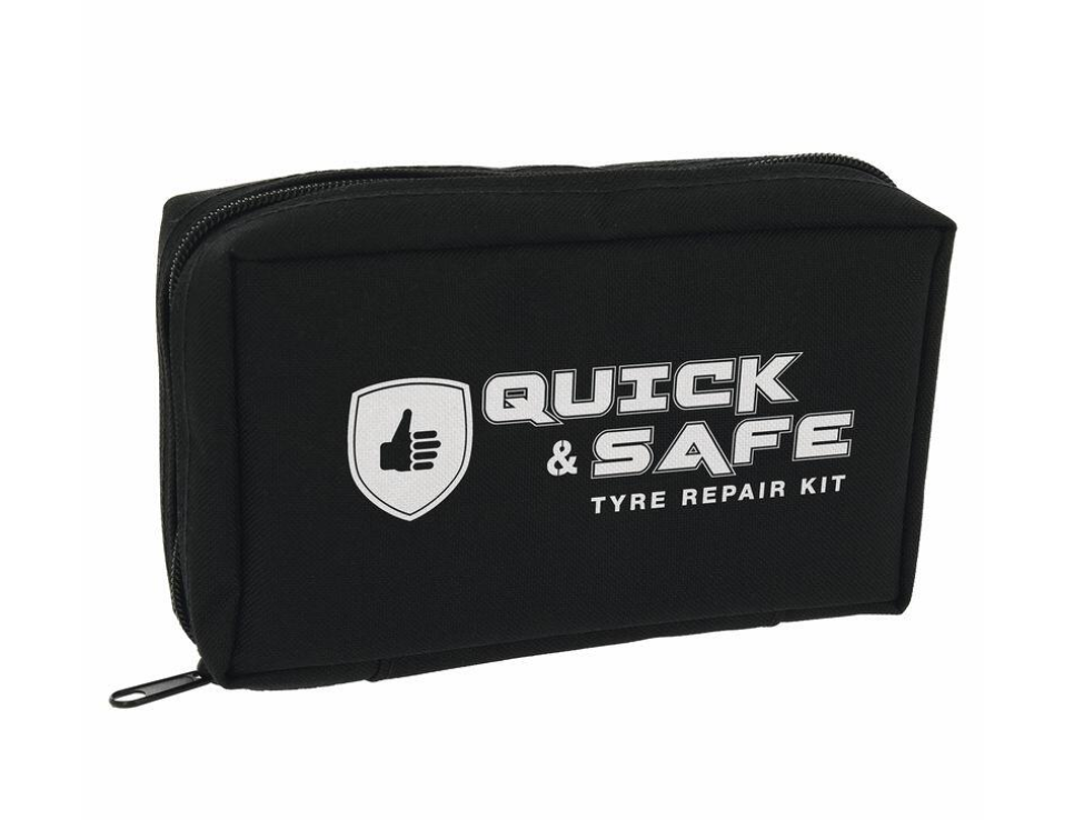 Kit reparatie cauciuc, cu snur si capsule CO2, pentru moto, atv, scooter, cu adaptor valva Presta si Schrader, Quick&Safe RP12014