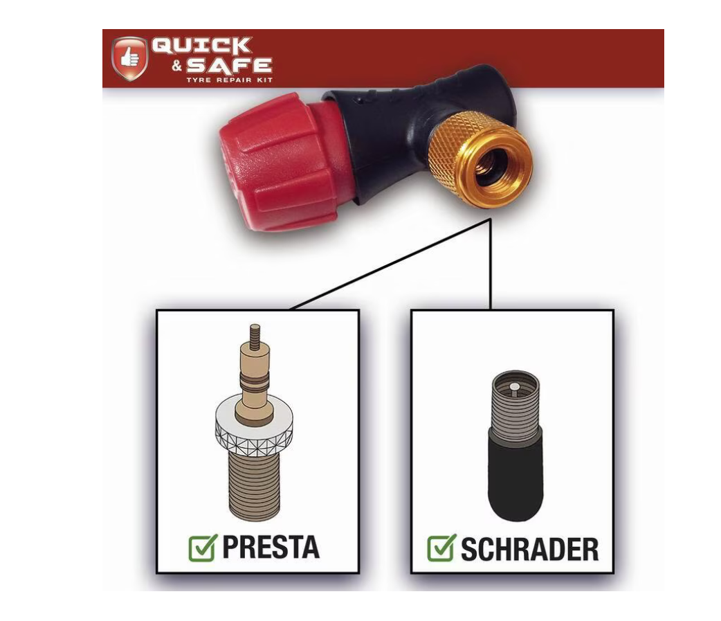 Kit reparatie cauciuc, cu snur si capsule CO2, pentru moto, atv, scooter, cu adaptor valva Presta si Schrader, Quick&Safe RP12014