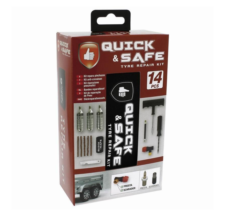 Kit reparatie cauciuc, cu snur si capsule CO2, pentru moto, atv, scooter, cu adaptor valva Presta si Schrader, Quick&Safe RP12014