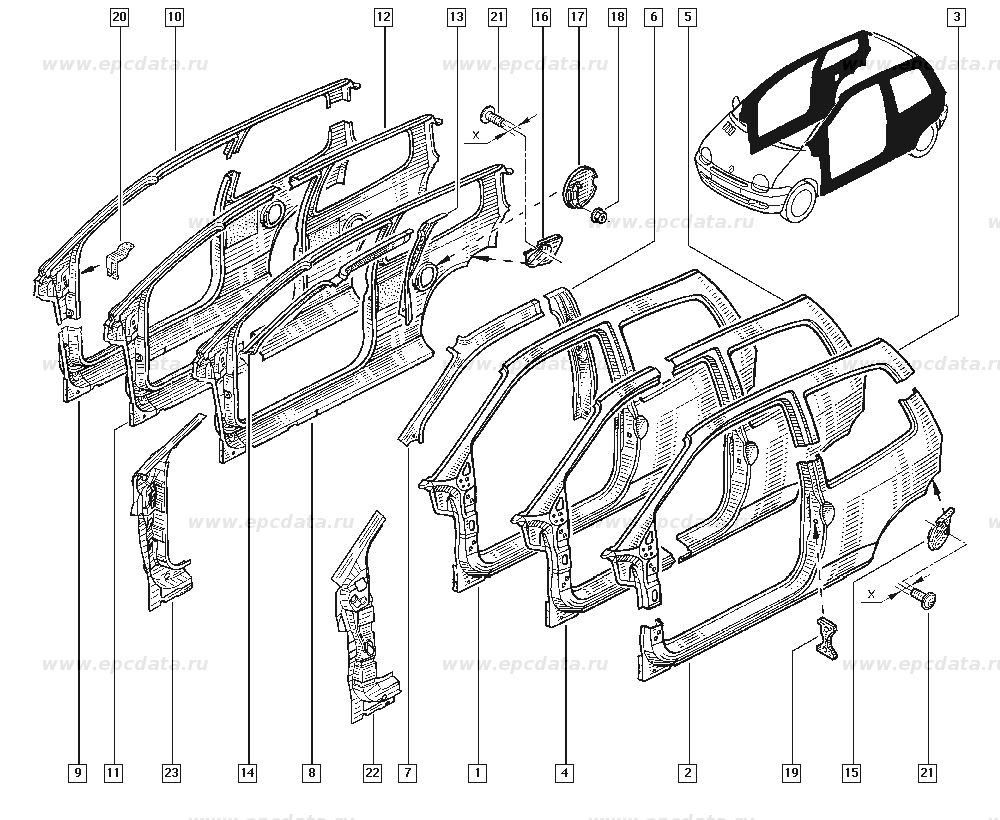 Absorbant soc bara spate RENAULT TWINGO C06 1996- , parte stanga , poz. 15 , cod 7750420183