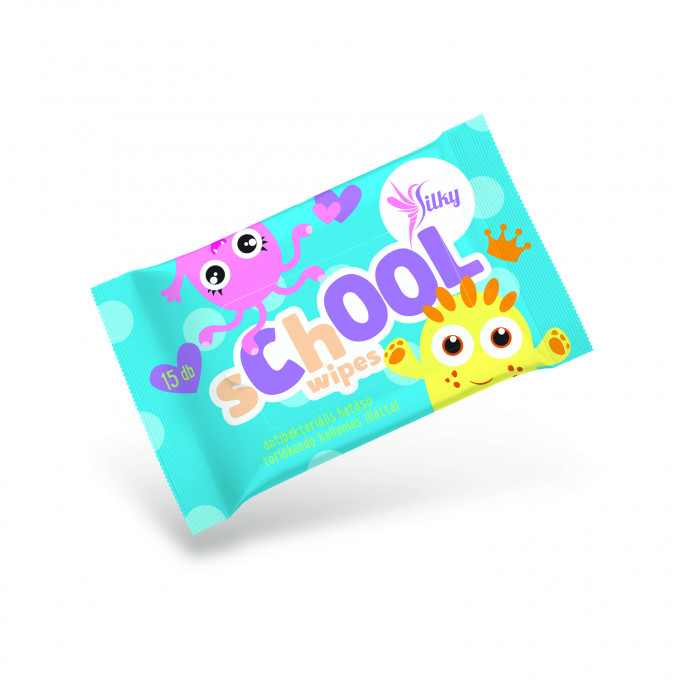 Lavetă umedă antibacteriană Silky School Wipes pentru copii - 15 buc./pachet (agenţii antibacterieni conţine şi extract de aloe vera protectant pentru piele)