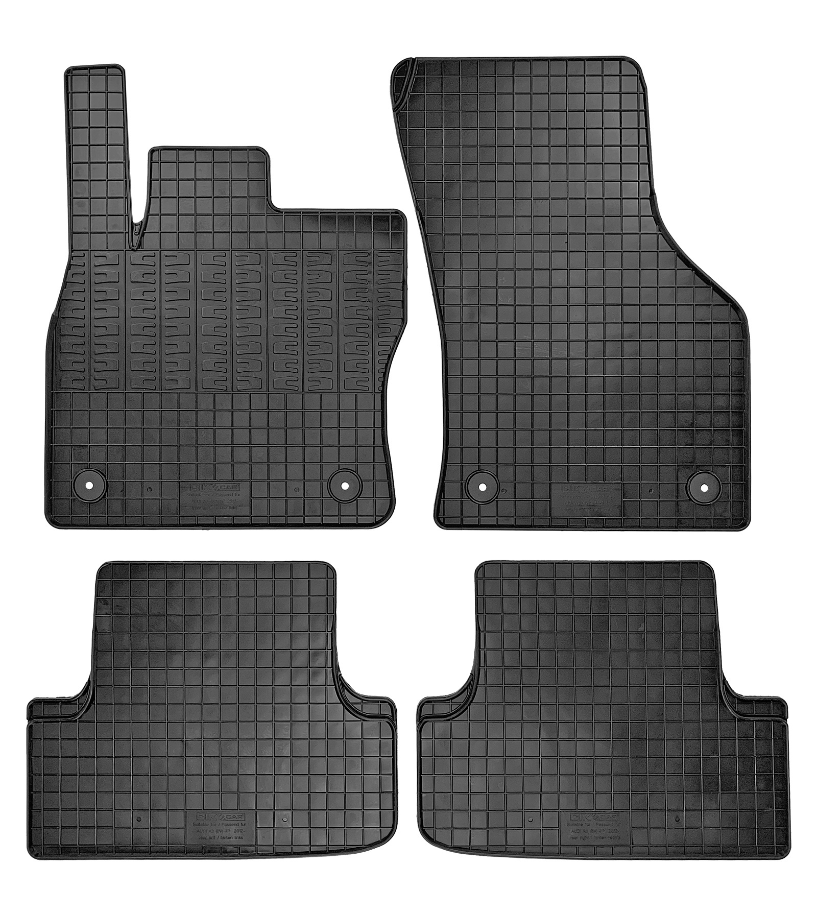 Set covorase auto din cauciuc Audi A3 3 usi (8V) 2012-2020; Seat Leon 3 (5F) 2013-2020; VW Golf 7 (5G) 2012-, Golf 8 2019-, Golf 8 GTI 2020-; cu prelungire zona repaus, negre