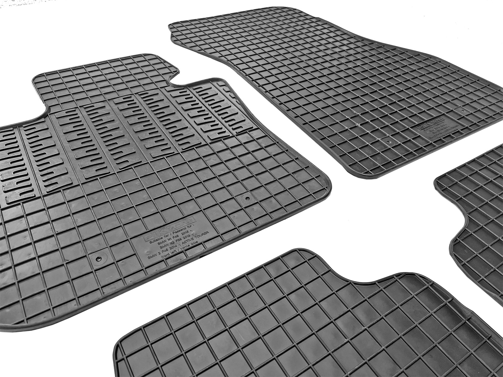 Set covorase auto din cauciuc BMW X1 (F48) 2016-, X1 (U11) 2022-, X2 (F39) 2018-, X2 (U10) 2024-, seria 2 (F45) / (U06) Active Tourer 2014- / 2022-; Mini Countryman (U25) 2024-, Negre