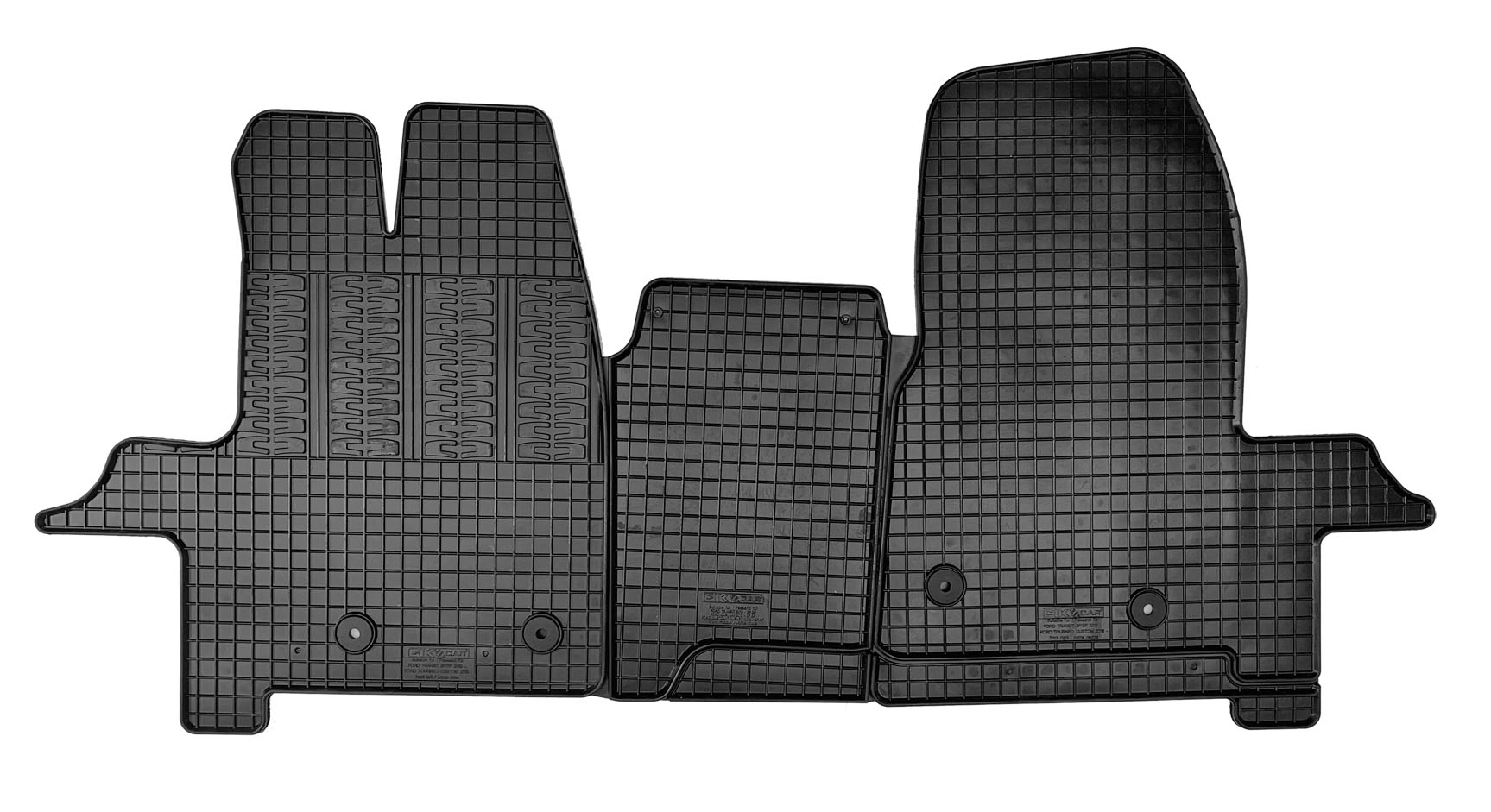 Set covorase auto din cauciuc Ford Transit 2015- 3 locuri, [randul 1] Comercial; Ford Custom Tourneo 2018- , 3 locuri; Ford Custom Tourneo Kombi [randul 1] Persoane, Negre