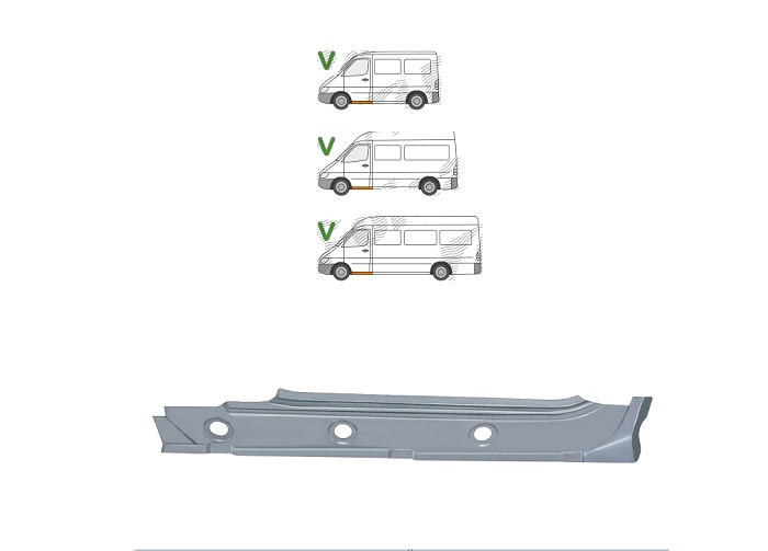 Piesa de reparatie prag Mercedes Sprinter, 01.1995-01.2007; Vw Lt 2 05.1996-12.2005, Fata, partea Stanga, sub usa fata; intern,