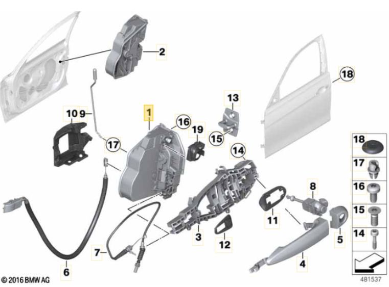 Broasca usa, incuietoare usa fata, stanga, BMW Seria 1 E81 E82 E87 F20, Seria 2 F22, Seria 3 E90 E91, F30 F31, Seria 4 F32 F33, Seria 5 E60 E61 F10, F07; Seria 7, E65/E66, F01/F02; X1 E84, X3 E83, X5 E70, X6 E71, cu 4 pini, 51217229461