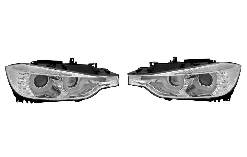 Set faruri tuning BMW 3/3 GT (F30/31/34/35), 01.2012-2015, cu LED indicator; cu daytime running light; H9; electrical; crom, transparent; TUNING; halogen,