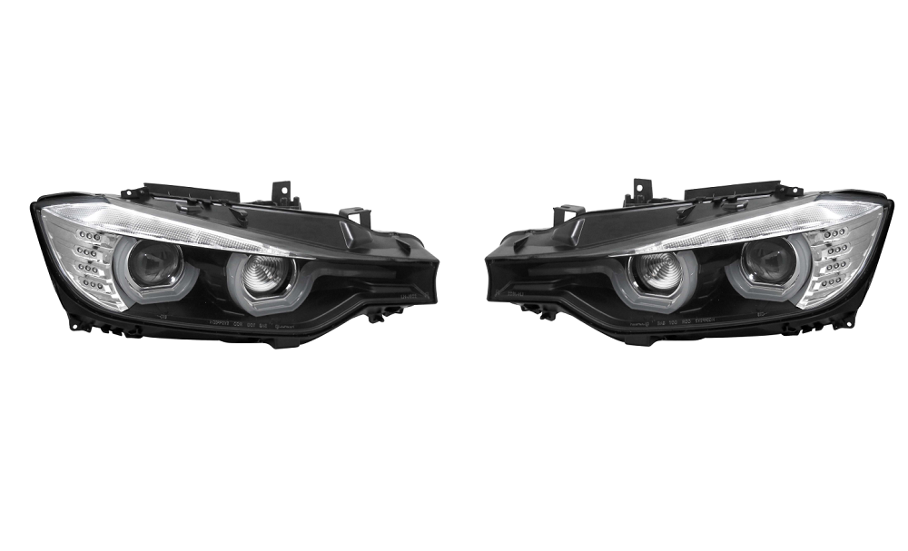 Set faruri tuning BMW 3/3 GT (F30/31/34/35), 01.2012-2015, cu LED indicator; cu daytime running light; H9; electrical; negru, transparent; TUNING; halogen,