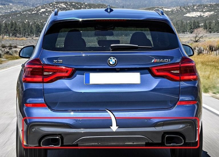Spoiler bara spate BMW X3 (G01), 06.2017-07.2021, model : M-Pack, negru lucios; cu 2 gauri evacuare,