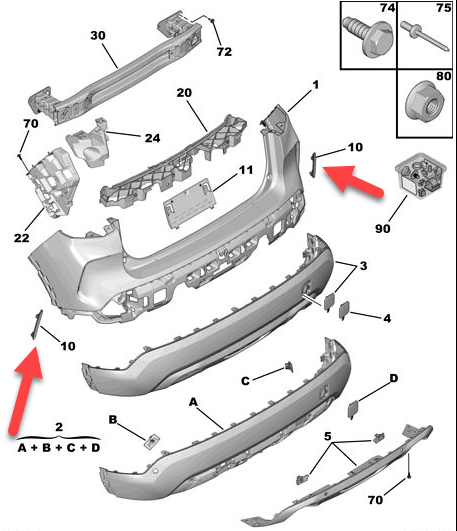 Set 2 buc. bandou bara spate CITROEN C4/e-C4, 09.2020-, partea stanga, negru, texturat; complet,