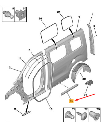 Bandou usa spate CITROEN SPACETOURER, 06.2016- model scurt; FIAT SCUDO, 12.2021-; OPEL ZAFIRA LIFE, 08.2019-; PEUGEOT EXPERT/TRAVELLER, 06.2016-; TOYOTA PROACE/VERSO, 06.2016-12.2023, partea stanga, grunduit; usa spate; lungime 880 mm; versiune scurta,