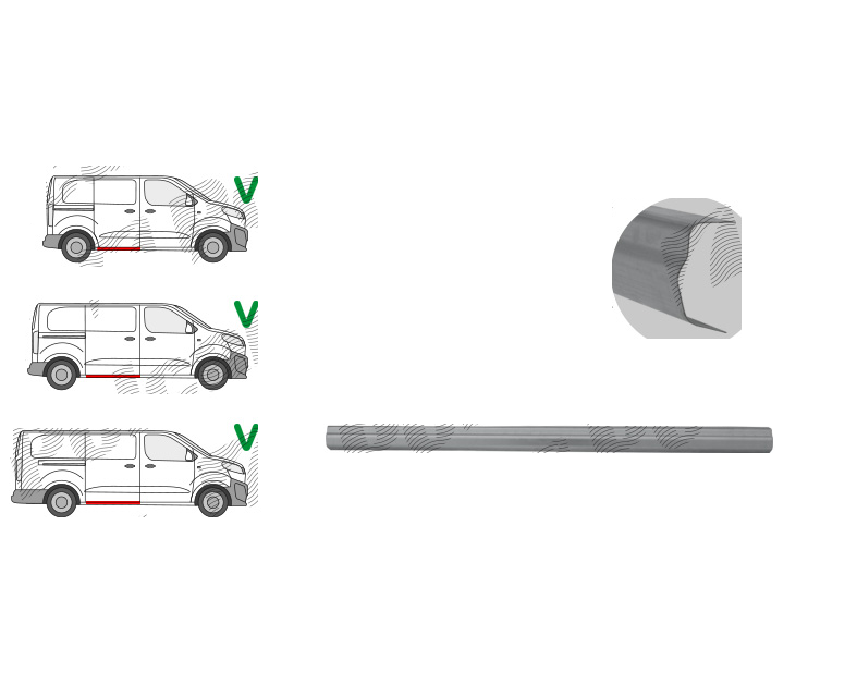Prag CITROEN JUMPY/SPACETOURER, 06.2016-; FIAT SCUDO, 12.2021-; OPEL VIVARO, 03.2019-; PEUGEOT EXPERT/TRAVELLER, 06.2016-; TOYOTA PROACE/VERSO, 06.2016-12.2023, partea stanga=dreapta, metal galvanizat; sub usa culisanta,