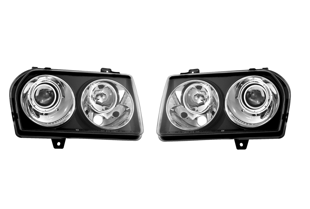 Set faruri tuning CHRYSLER 300 (LX), 09.2004-2010 model 300, H1+H1; negru, transparent; TUNING; halogen,