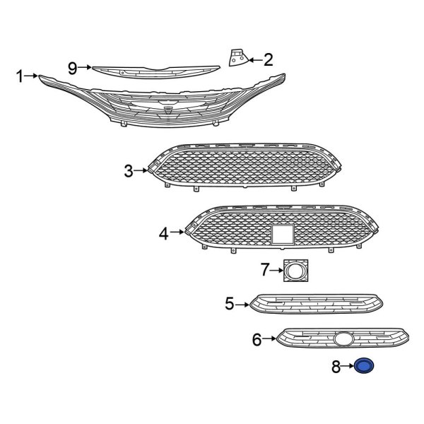Capac grila bara fata CHRYSLER PACIFICA, 04.2020-; VOYAGER, 2022-12.2023 model LX; VOYAGER, 01.2021-12.2021 model L;LX;LXI, vopsit; negru; Capac radar,