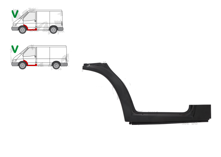 Prag fata FORD TRANSIT, 01.1991-07.2000, partea stanga, metal galvanizat; vopsire prin pudrare - indepartati inainte de vopsirea finala; sub usa fata; cu wheel arch si parte inferioara of B pillar,
