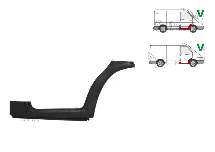 Prag fata FORD TRANSIT, 01.1991-07.2000, partea dreapta, metal galvanizat; vopsire prin pudrare - indepartati inainte de vopsirea finala; sub usa fata; cu wheel arch si parte inferioara of B pillar,