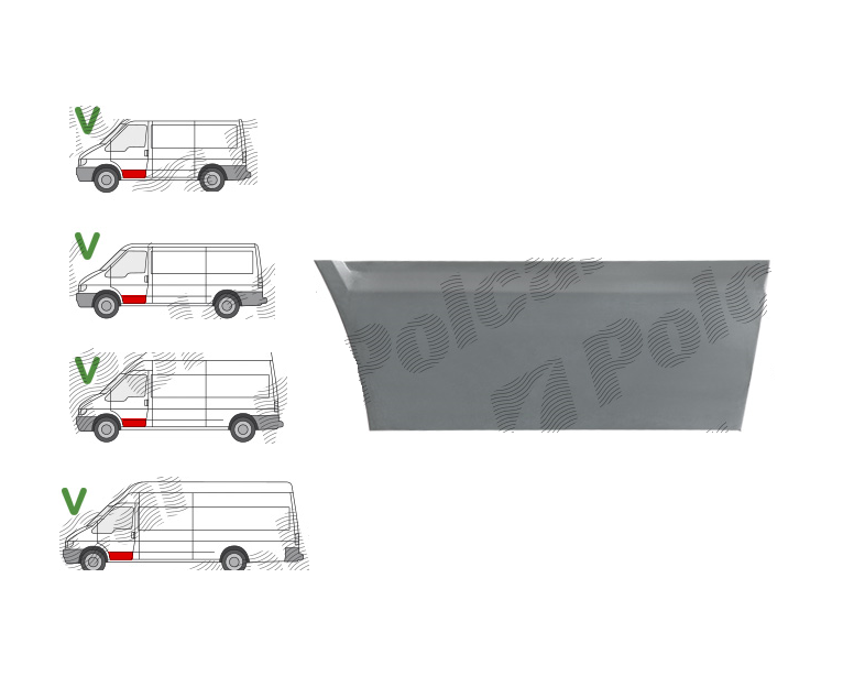 Panou reparatie usa fata FORD TRANSIT (V184/5), 05.2000-04.2006; TRANSIT/TOURNEO (V347/8), 05.2006-04.2013, partea stanga, inferior; metal galvanizat; usa fata; inaltime 280 mm,