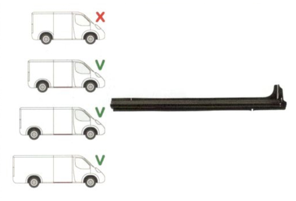 Prag FORD TRANSIT (V184/5), 05.2000-04.2006; TRANSIT/TOURNEO (V347/8), 05.2006-04.2013, partea stanga, metal galvanizat; sub usa culisanta; lung; lungime 1430 mm; lung, mediu,