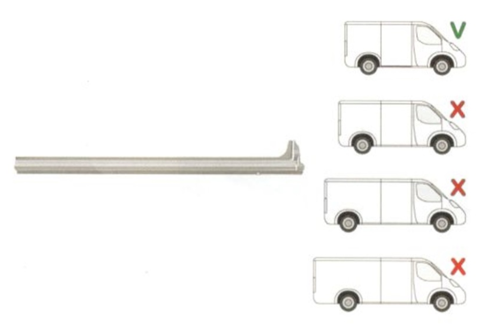 Prag FORD TRANSIT (V184/5), 05.2000-04.2006; TRANSIT/TOURNEO (V347/8), 05.2006-04.2013, partea dreapta, metal galvanizat; sub usa culisanta; lungime 1180 mm; versiune scurta,