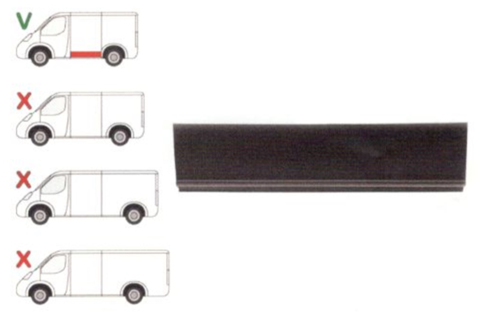Panou lateral FORD TRANSIT (V184/5), 05.2000-04.2006; TRANSIT/TOURNEO (V347/8), 05.2006-04.2013, partea stanga=dreapta, KLOKKERHOLM, metal galvanizat; inferior; lungime 1190 mm, inaltime 310 mm; versiune scurta,