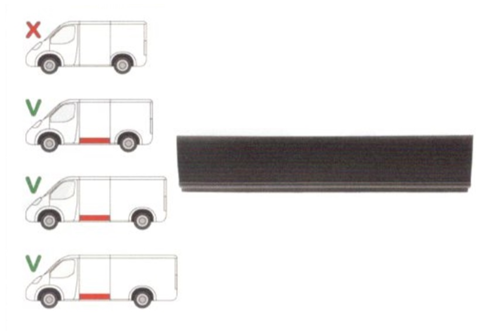 Panou lateral FORD TRANSIT (V184/5), 05.2000-04.2006; TRANSIT/TOURNEO (V347/8), 05.2006-04.2013, partea stanga=dreapta, KLOKKERHOLM, metal galvanizat; inferior; lungime 1430, inaltime 330 mm; lung, mediu,