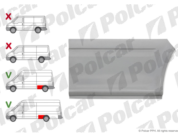 Segment reparatie aripa spate FORD TRANSIT (V184/5), 05.2000-04.2006; TRANSIT/TOURNEO (V347/8), 05.2006-04.2013, partea dreapta, inferior; metal galvanizat; in fata rotii; lung,
