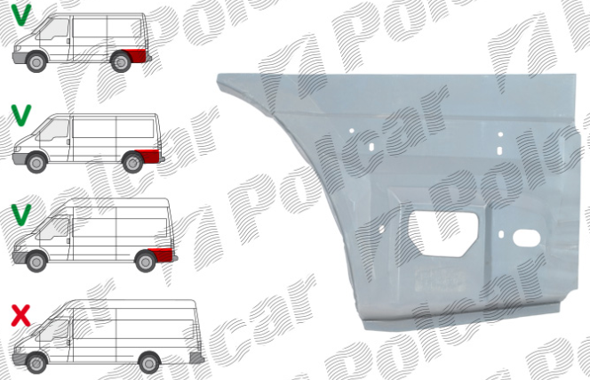 Segment reparatie aripa spate FORD TRANSIT (V184/5), 05.2000-04.2006; TRANSIT/TOURNEO (V347/8), 05.2006-04.2013, partea dreapta, metal galvanizat; in spatele rotii; lung, versiune scurta, mediu,