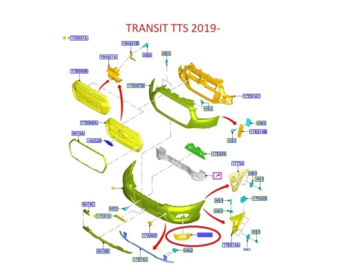 Grila bara fata FORD TRANSIT/TOURNEO, 10.2019-, partea dreapta, cu gauri lampa ceata,