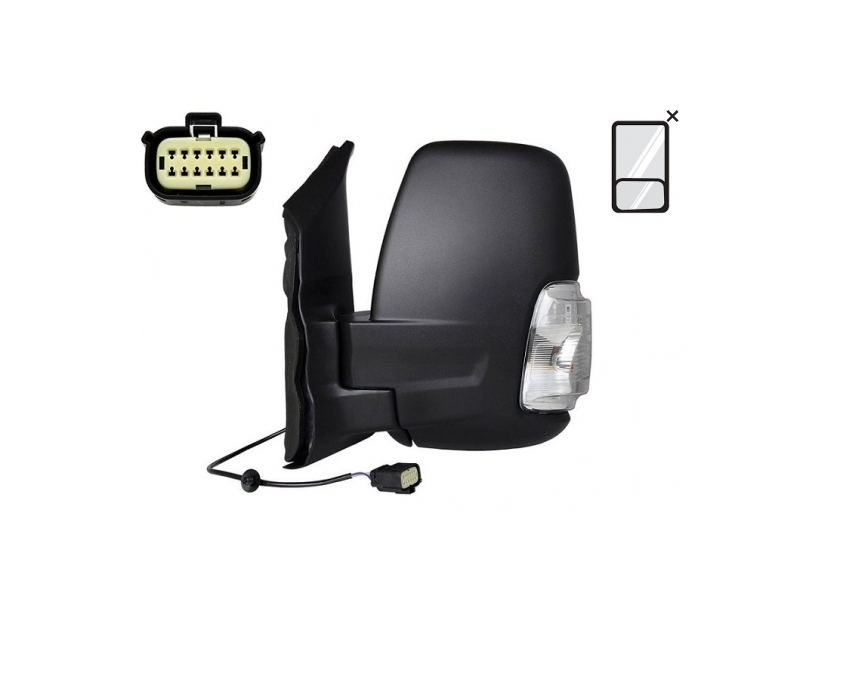 Oglinda usa exterioara FORD TRANSIT/TOURNEO, 10.2019-, partea stanga, View Max, reglare manuala; texturat; versiune scurta; sticla convexa; sticla crom; 12 gauri / 2 pini; cu semnalizare (WY16W),