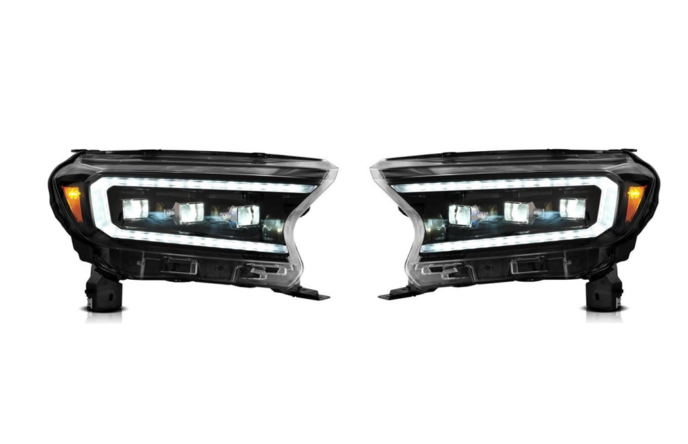 Set faruri FORD RANGER, 05.2016-12.2022, dynamic indicator; cu animatii; LED; electrical; negru, galben marker lamp cover; TUNING; Omologare ECE; LED; marked LED,