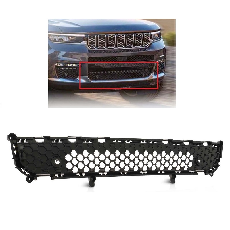 Grila bara fata JEEP GRAND CHEROKEE (WL), 21-, cu 2 gauri senzori parcare; vopsit; negru; inferior; fara Overland, model : L,