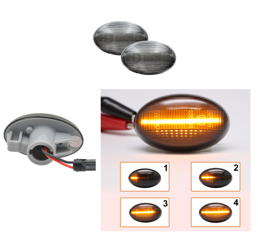 Set lampa semnalizare laterala MERCEDES Clasa A (W168) 09.1997-2004; CITAN (W415), 11.2012-; VITO/ VIANO (W639), 01.2003-2014; Clasa V/VITO (W447), 04.2014-10.2023; SMART FORTWO/CITY COUPE/CABRIO (MC01), 07.1998-12.2006, dynamic indicator; LED; fumuriu;