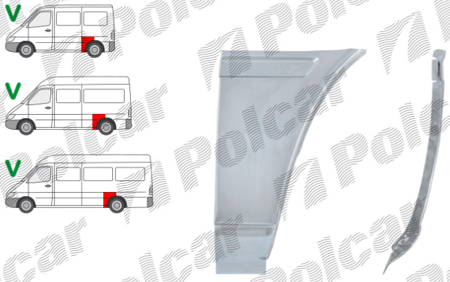 Segment reparatie aripa spate MERCEDES SPRINTER, 01.1995-2006, VW LT II 05.1996-12.2005, partea stanga, lateral panel: L=1200 mm; metal galvanizat; in fata rotii; lungime 248, inaltime 440 mm; ampatament 3000 mm,