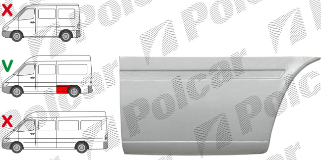 Segment reparatie aripa spate MERCEDES SPRINTER, 01.1995-2006, VW LT II 05.1996-12.2005, partea stanga, lateral panel: L=1950 mm; in fata rotii; ampatament 3550 mm,