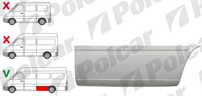 Segment reparatie aripa spate MERCEDES SPRINTER, 01.1995-2006, VW LT II 05.1996-12.2005, partea stanga, lateral panel: L=2900 mm; metal galvanizat; in fata rotii; ampatament 4025 mm,