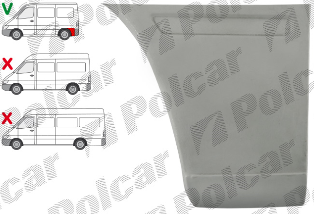 Segment reparatie aripa spate MERCEDES SPRINTER, 01.1995-2006, VW LT II 05.1996-12.2005, partea stanga, lateral panel: L=1200 mm; metal galvanizat; in spatele rotii; hight 430 mm; ampatament 3000 mm,