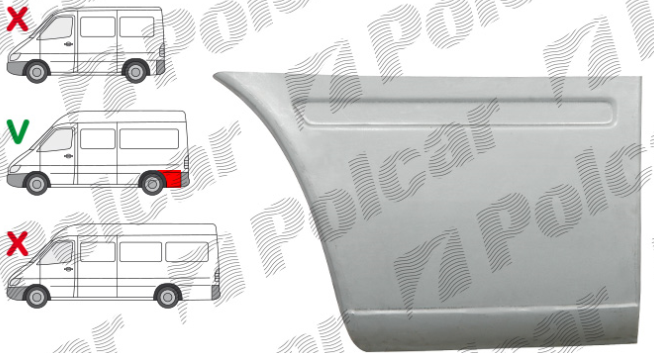 Segment reparatie aripa spate MERCEDES SPRINTER, 01.1995-2006, VW LT II 05.1996-12.2005, partea stanga, metal galvanizat; in spatele rotii; lungime 1950 mm, hight 430 mm; ampatament 3000 mm,