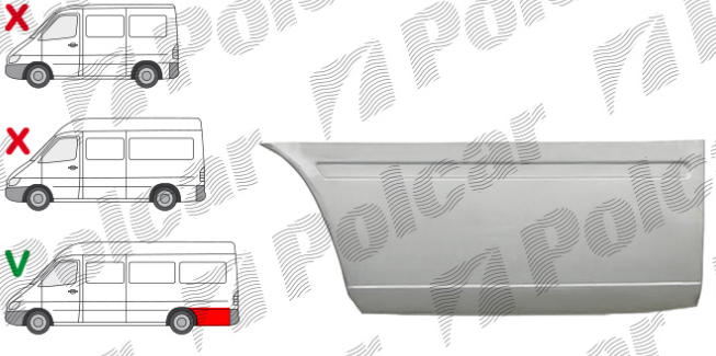 Segment reparatie aripa spate MERCEDES SPRINTER, 01.1995-2006, VW LT II 05.1996-12.2005, partea stanga, lateral panel: L=2900 mm; in spatele rotii; ampatament 4025 mm,